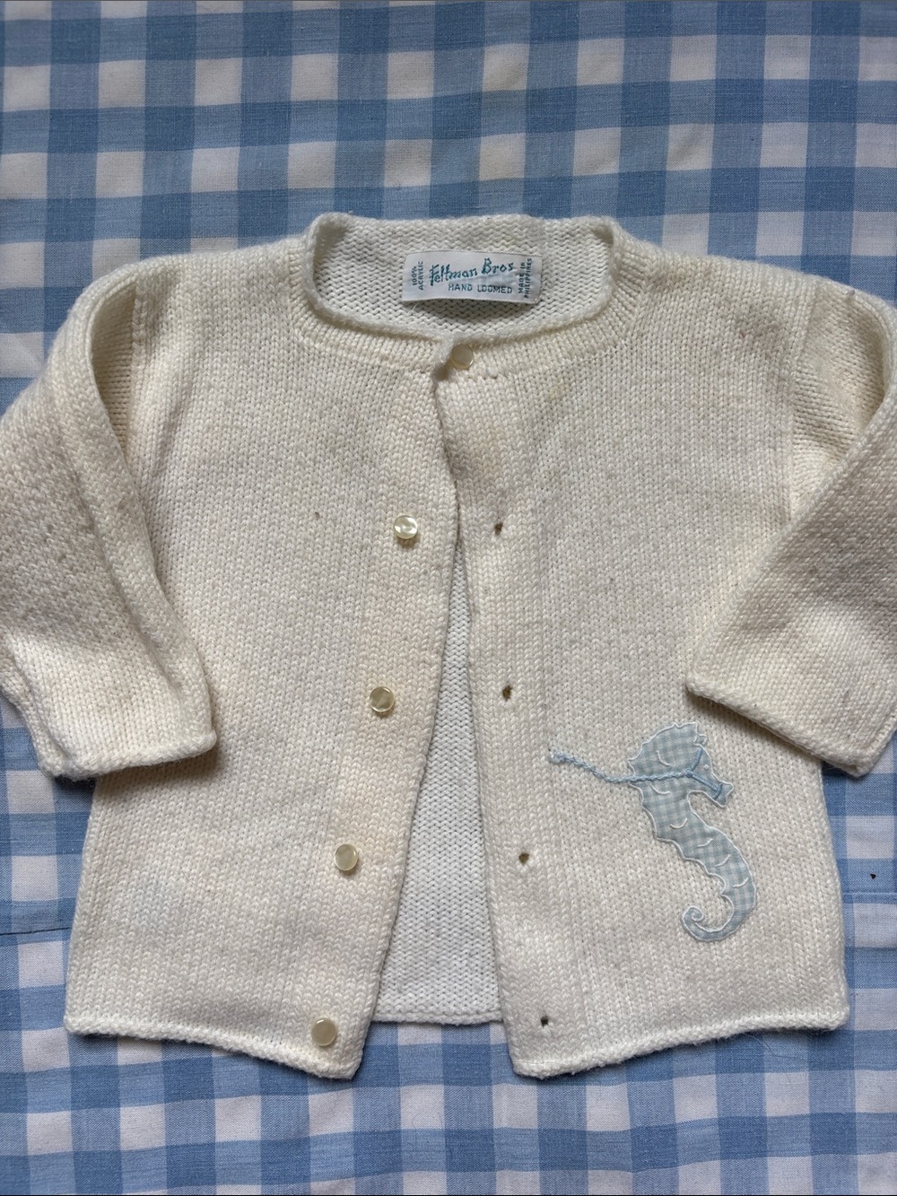 Vintage Cream Knit Baby Cardigan with Seahorse Applique